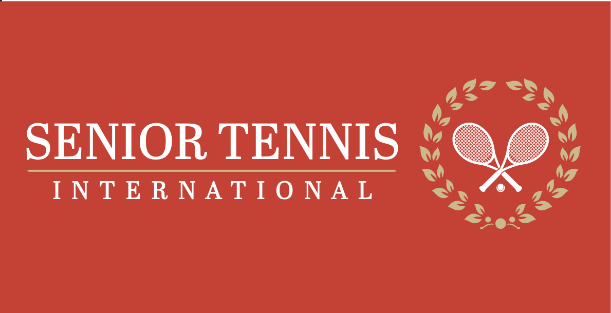 Senior Tennis International white-and-gold logo on red